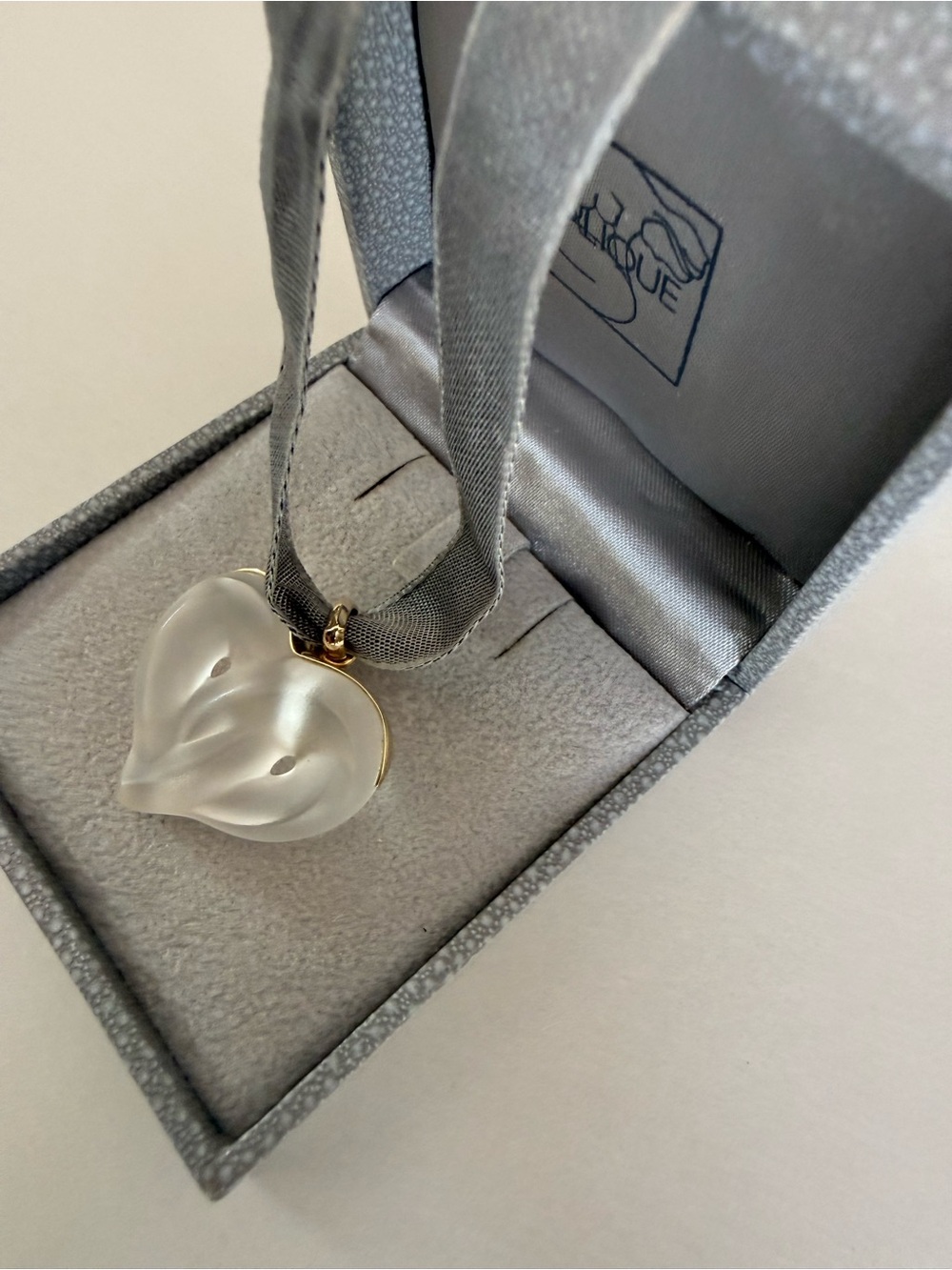 Lalique Frosted White Heart Pendant with Gold Bail